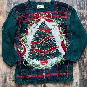 Vintage Tiara international Green Knit Ugly Christmas Sweater